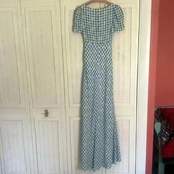 NWT Staud Lea Dress, Blue + White Gingham Daisy Plaid, Slit, Cap Sleeves, SZ 00 - Picture 8 of 8